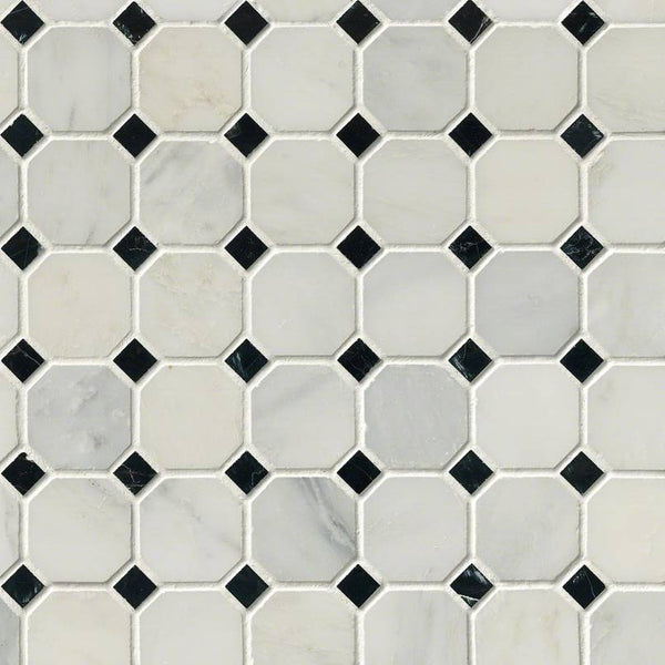Marble Tile Collection Arabescato Carrara 2" Octagon With Black And White 5/8"x5/8" In 12"x12" Mesh - FloorLife