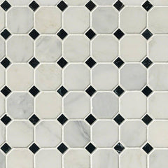 Marble Tile Collection Arabescato Carrara 2" Octagon With Black And White 5/8"x5/8" In 12"x12" Mesh - FloorLife