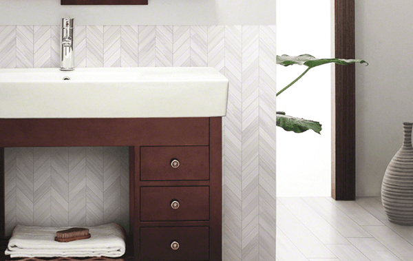 Watercolor Porcelain Tile Collection Bianco - 12"x15" Chevron Mosaic - FloorLife